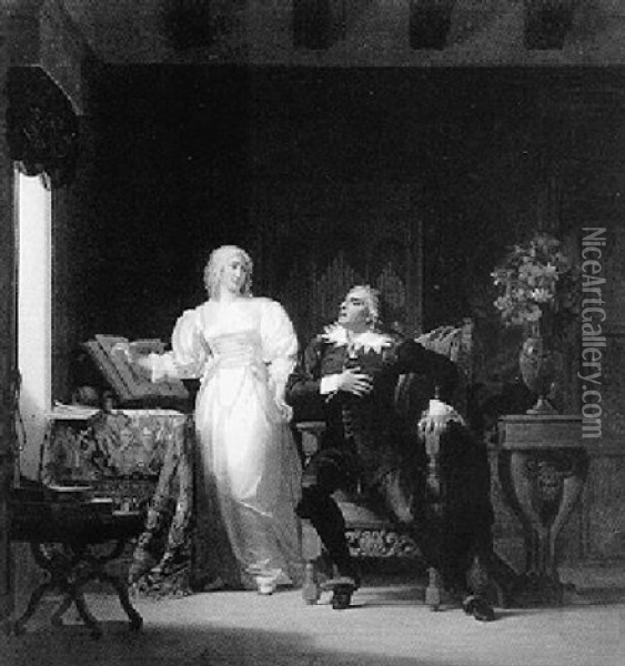 Interior Scene Of A Shakespearian Man Reciting Poetry To A Lady Oil Painting - Henri Jean-Baptiste Victoire Fradelle