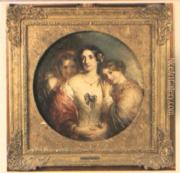 Portrait Of A Lady With Her Two Daughters Oil Painting - Charles Baxter