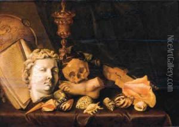 A Vanitas Still Life With A 
Globe, A Manuscript, The Head And Footof Classical Sculptures, A Gilt 
Cup And Cover, A Skull, A Violinand Shells On A Draped Table By A 
Curtain Oil Painting - Cirle Of David Bailly