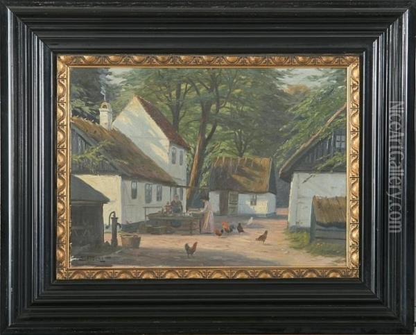 Exterior With Chicken In Front Of Peter Liebs House Oil Painting - Edmund Fischer