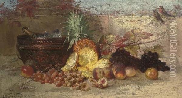 Grapes, Peaches, A Pineapple And Champagne Oil Painting - Nel Gronland
