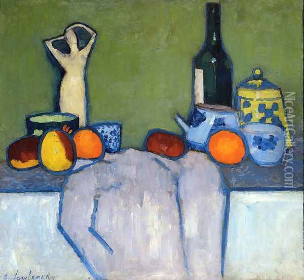 Still Life with Fruit, Figurine and Bottle Oil Painting - Alexei Jawlensky