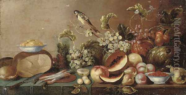 Melons, peaches, pears, grapes on the vine and other fruit Oil Painting - Floris Gerritsz. van Schooten