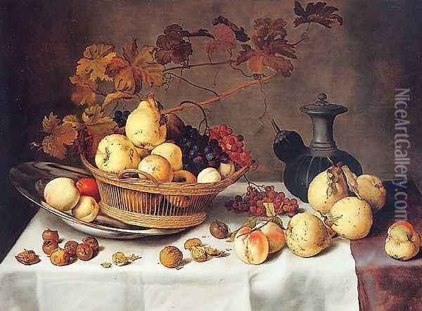 A Still Life of Pears, Peaches, Grapes and Quinces in a Basket Oil Painting - Balthasar Van Der Ast