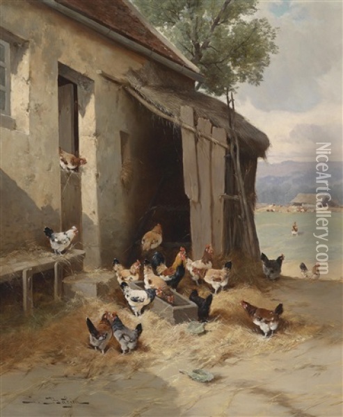 Der Huhnerhof Oil Painting - Jules Bahieu