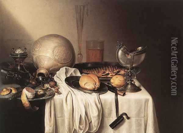 Still-Life with a Bearded Man Crock and a Nautilus Shell Cup Oil Painting - Maerten Boelema De Stomme