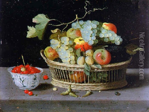 Nature Morte De Fruits Dans Une Corbeille Et Un Bol De Porcelaine Sur Un Entablement Oil Painting - Jan van Kessel the Elder