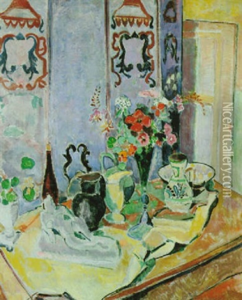 Stilleben Mit Matisse-plastik, Blumenvasen Und Wandschirm Oil Painting - Oskar Moll