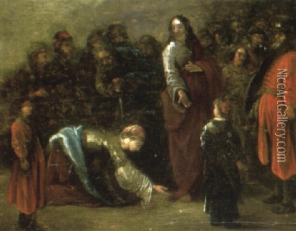 Christ And The Woman Taken In Adultry Oil Painting - Adam Elsheimer