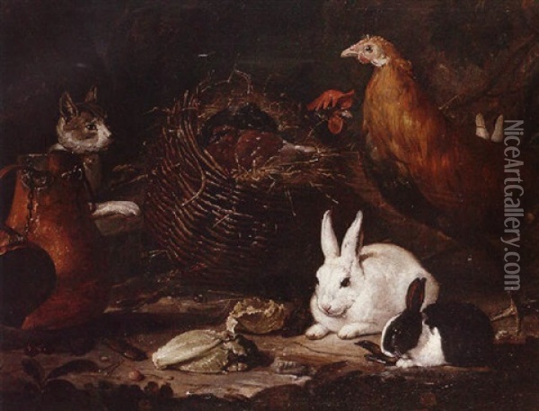 A Still Life With Rabbits, A Cockerel, Hen And A Cat In A Farmyard Setting Oil Painting - David de Coninck