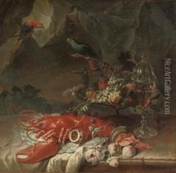 A Lobster On A Porcelain 
Platter, A 'tazza' With Fruit And A Covered Glass Of Red Wine, All On A 
Partially Draped Stone Ledge Before A Curtain With Two Parrots Oil Painting - Johann Martin Metz