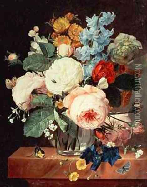 Vase of Flowers on a marble ledge Oil Painting - T.F. Ehaerts