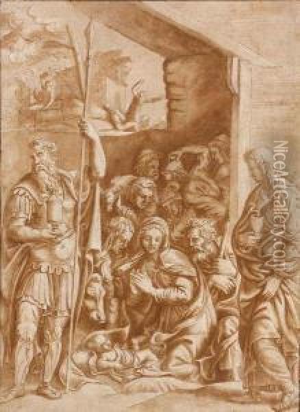 L'adoration Des Bergers Avec Saint Longin Et Saint Jean Oil Painting - Giulio Romano