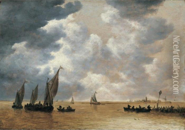 An Estuary Scene With Small Vessels In Light Airs, And A Distant View Of Woudrichem Oil Painting - Jan van Goyen