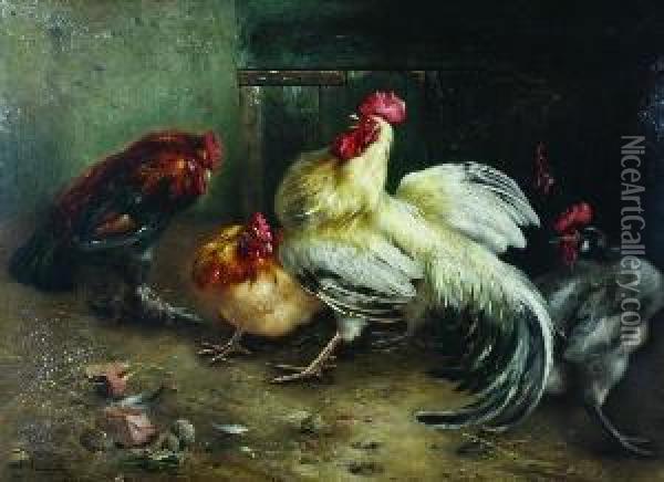 Roosters And Chickens Oil Painting - Piet Van Engelen