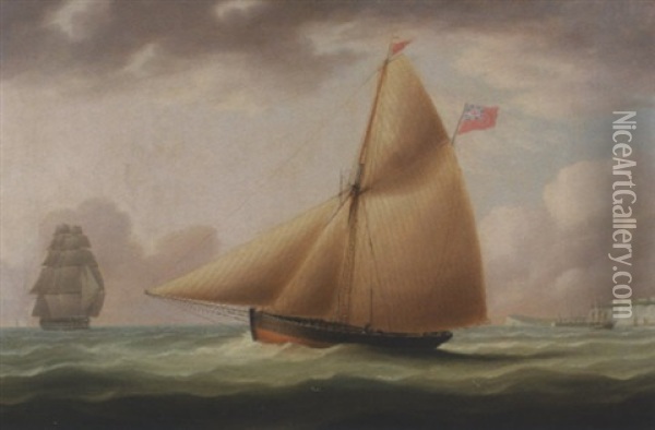 British Schooner Off The White Cliffs Of Dover Oil Painting - Thomas Buttersworth