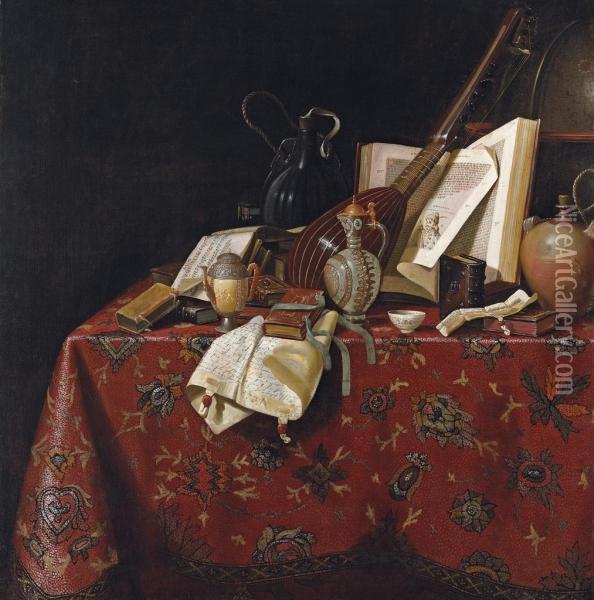 A Therbo, Books, Letters, An Open Music Book, Water Ewers, A Smallbowl, An Hourglass, Water Jugs And A Terrestrial Globe Oncarpet-covered Table In An Interior Oil Painting - Pseudo Roestraten