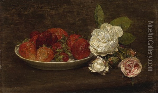 Nature Morte, Grosses Fraises Et Roses Oil Painting - Henri Fantin-Latour
