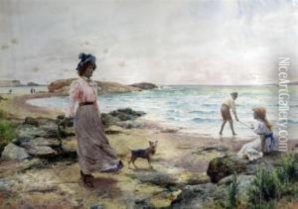 Mother And Children On The Seashore Oil Painting - Alfred I Glendening