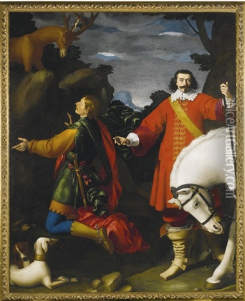 The Vision Of Saint Eustace, With A Portrait Of The Donor Beside His Horse Oil Painting - Carlo Ceresa