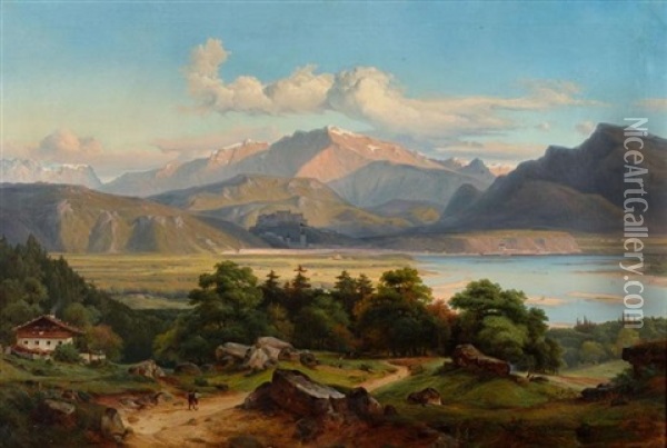 Grosse Landschaft Am Inn Mit Blick Auf Kufstein Und Das Kaisergebirge Oil Painting - Georg Heinrich Crola