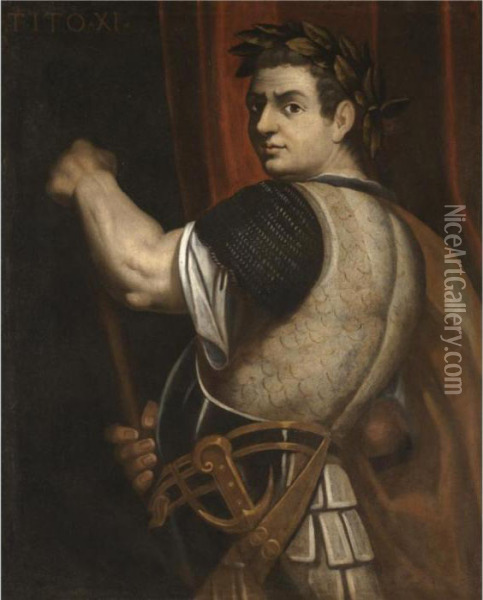 Portrait Of The Emperor Titus, 
Three-quarter Length, Wearing Armour And A Laurel Wreath And Holding A 
Baton Oil Painting - Bernardino Campi