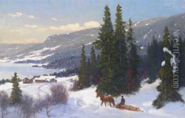 Hest Og Slede Pa Vei Til Garden Oil Painting - Nils Severin Lynge Hansteen
