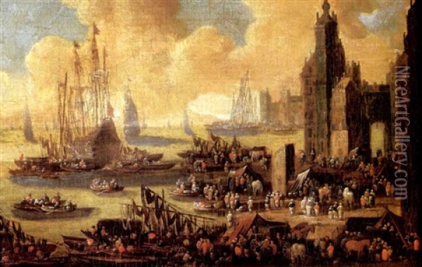 A Capriccio Of A Harbour Scene With Numerous Figures On The Quayside, A Merchant And Other Vessels In Calm Waters Oil Painting - Pieter Casteels the Younger