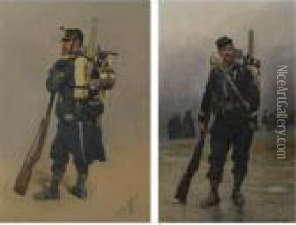 Works From The Collection Of Stanley J. Seeger
 

 
 
 

 
 Un Soldat De L'infanterie; Un Soldat Avec Son Equipement: Two Paintings Oil Painting - Jean Baptiste Edouard Detaille