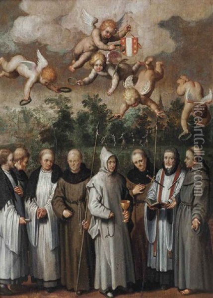 Saint Thomas Becket Surrounded By Monks And Being Heralded By Putti Oil Painting - Adriaen van Nieulandt the Elder