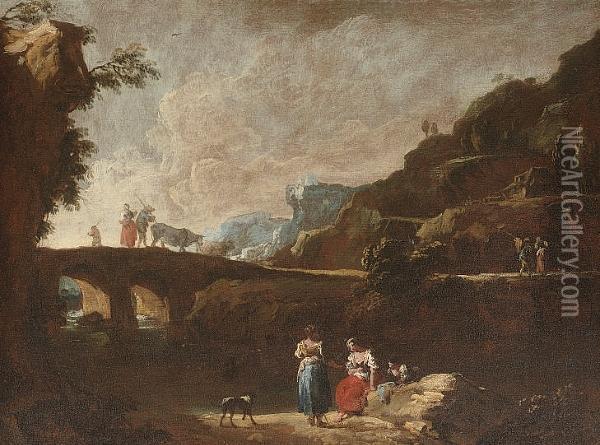 A Rocky River Landscape With 
Figures Resting Beside The Bank, Drovers Crossing A Bridge Beyond; And 
An Extensive Landscape With Peasants By A River Bank Calling To Others 
In A Boat Beyond Oil Painting - Giuseppe Zais