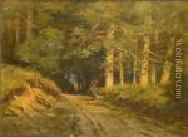 Sonnendurchfluteter Waldweg Mit Reisigsammlerin Oil Painting - Paul Weber