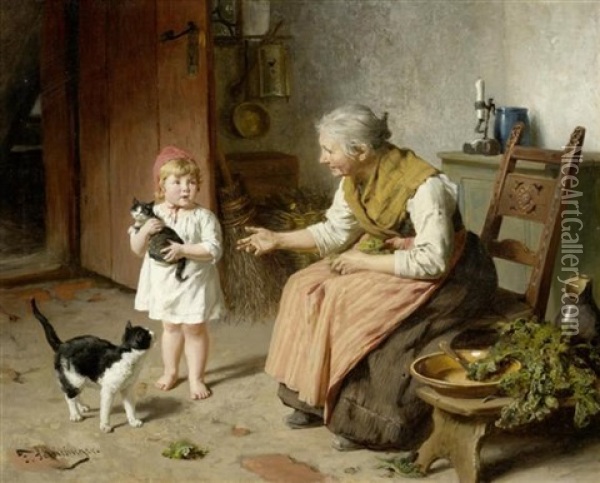 Grossmutter Beim Spielen Mit Der Enkelin Oil Painting - Felix Schlesinger