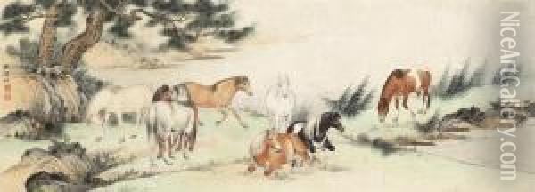 Eight Horses Oil Painting - Zhu Qingqi