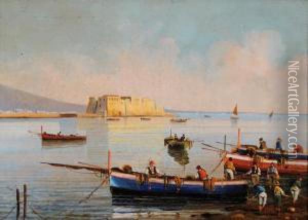 Marina Con Barche E Pescatori Sullo Sfondo Di Castel Dell'ovo Oil Painting - Raimpondo Scoppa