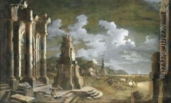 Figures Amongst Ruins In A Moonlit Mediterranean Port Oil Painting - Leonardo Coccorant