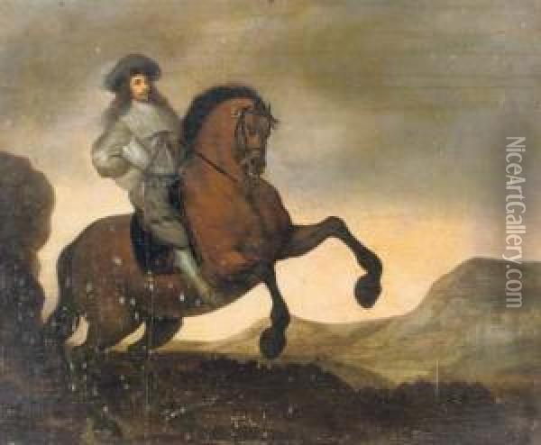 A Portrait Of A Gentleman, Full-length, On A Rearing Horse In A Landscape Oil Painting - Paulus Van Hillegaert