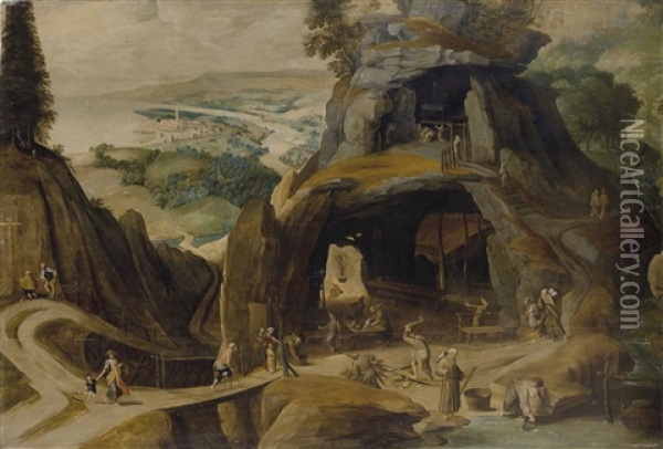 A Hermitage With Monks In A Mountainous Landscape, A Coastal Town Beyond Oil Painting - Tobias Verhaecht