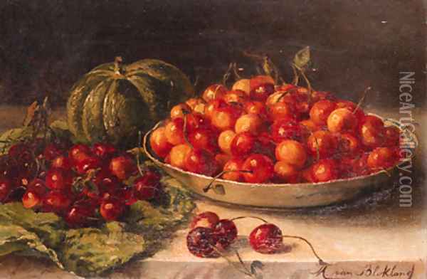 Still life with cherries and a pumpkin on a table Oil Painting - Maria Johanna Jacoba Gerardina Beelaerts Van Blokland