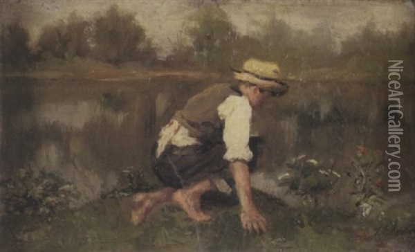 The Frog Hunter Oil Painting - Leon Delachaux