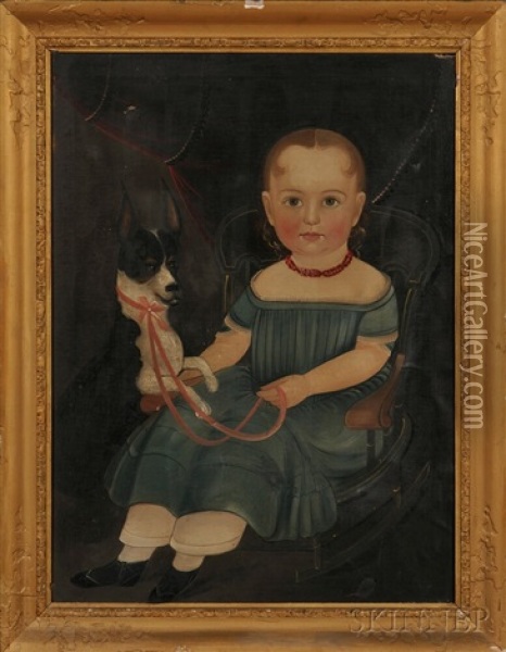 Portrait Of Young Girl Seated In A Rocking Chair With Her Dog Oil Painting - Sturtevant J. Hamblen
