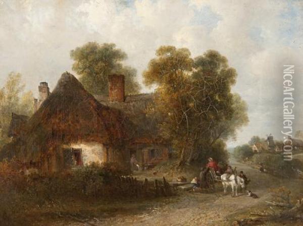 Village Scene With A Cart Pulled By A Grey Pony Oil Painting - Edward Robert Smythe