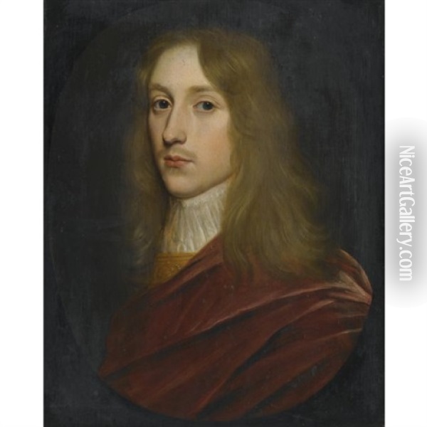 Portrait Of A Gentleman, Wearing A Red Cloak And Lace Cravat (prince Rupert Of The Rhine?) Oil Painting - Gerrit Van Honthorst