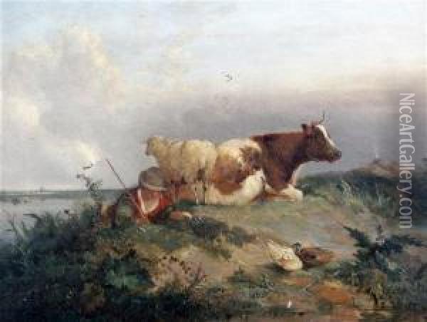 Youth, Sheep And A Cow Resting On A Bank Oil Painting - Snr William Shayer