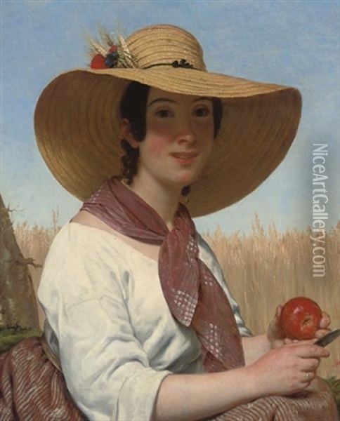Girl In A Straw Hat Oil Painting - Alphonse Lavaudan