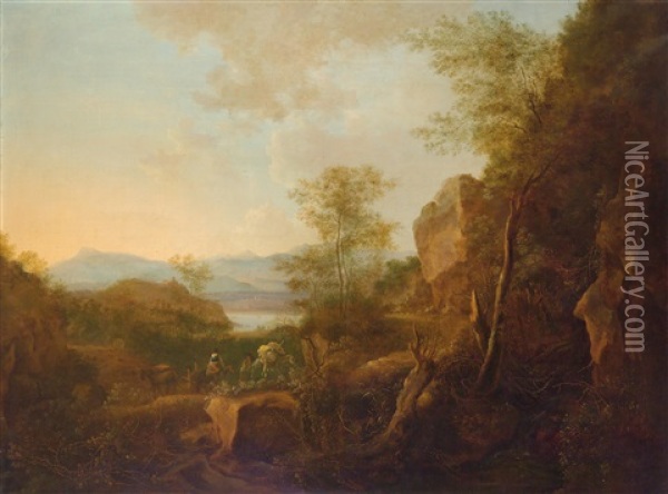 A Southern Mountain Landscape With Travellers Oil Painting - Jan Dirksz. Both