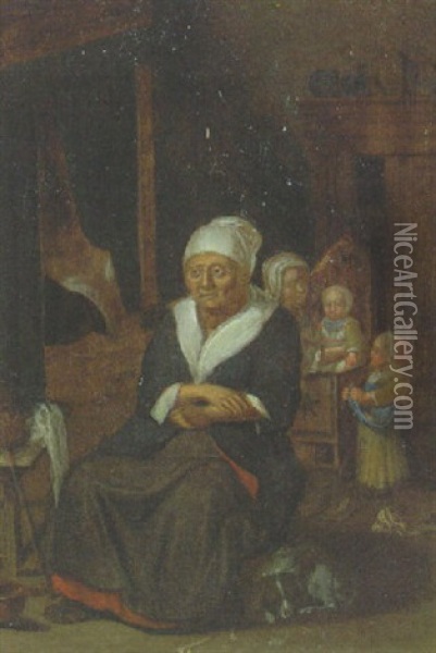 A Man Seated By A Fire With Maid Tending An Infant In An Interior Oil Painting - Jan Baptist Lambrechts