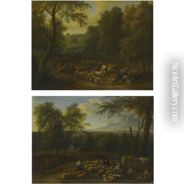 An Italianate Landscape With Peasants Seated By Their Herd In The Foreground (+ An Italianate Landscape With Travellers On A Path And A Herd Resting In The Foreground; Pair) Oil Painting - Adriaen Frans Boudewyns the Elder