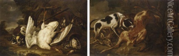 A Dead Goose, Duck And Other Birds In A Wooded Clearing, With A Dog And A Musket Oil Painting - Baldassare De Caro