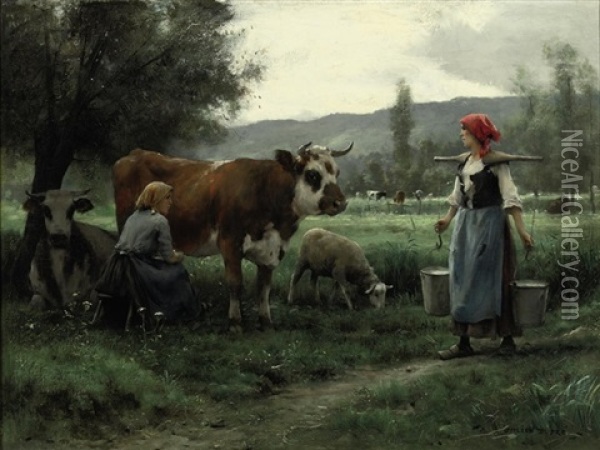 Ricolle Du Lait En Poture: Milking Time Oil Painting - Julien Dupre